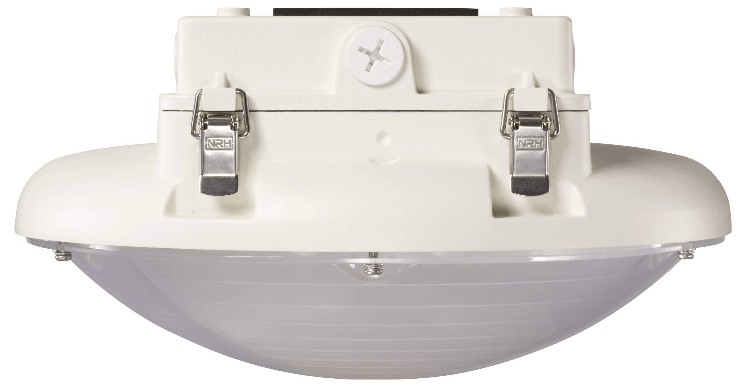 Una plafoniera rotonda bianca con copertura trasparente e chiusure metalliche ai lati.