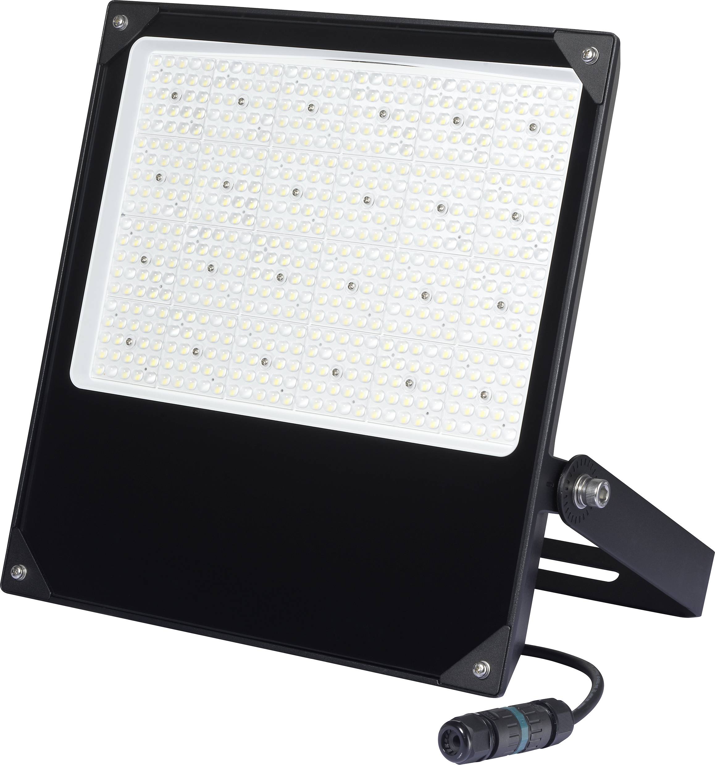 Un proiettore rettangolare a LED con molte piccole luci bianche. In basso a un angolo è presente un cavo con spina.