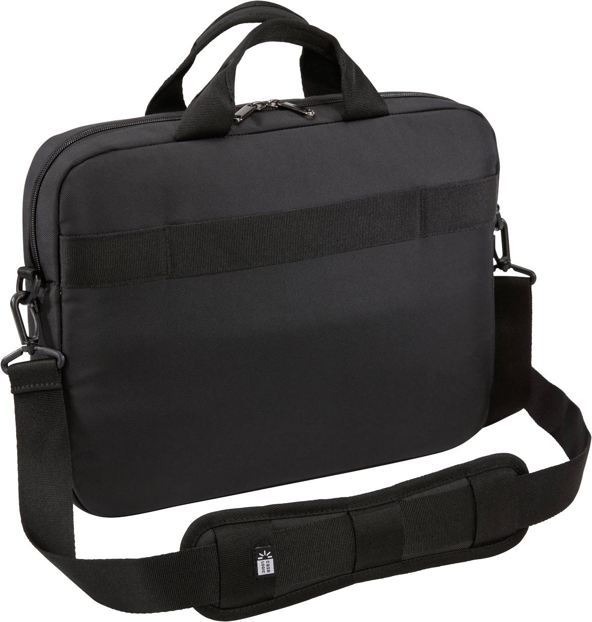 Borsa per laptop nera con manico e tracolla, design essenziale, ideale per trasportare laptop o documenti.