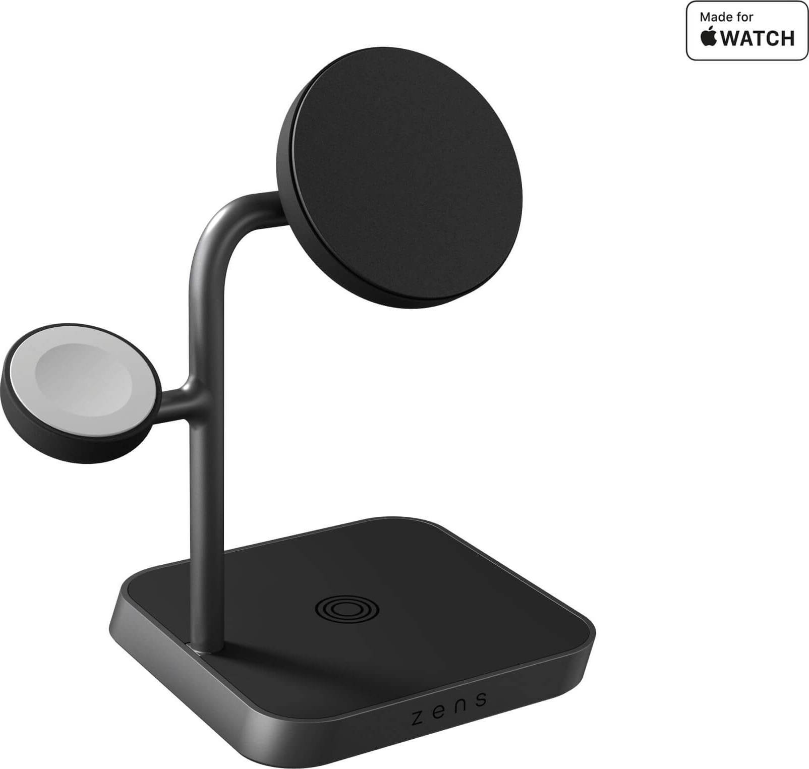 Stazione di ricarica nero compatta, wireless, per iPhone e Apple Watch con due bracci di ricarica e base quadrata.