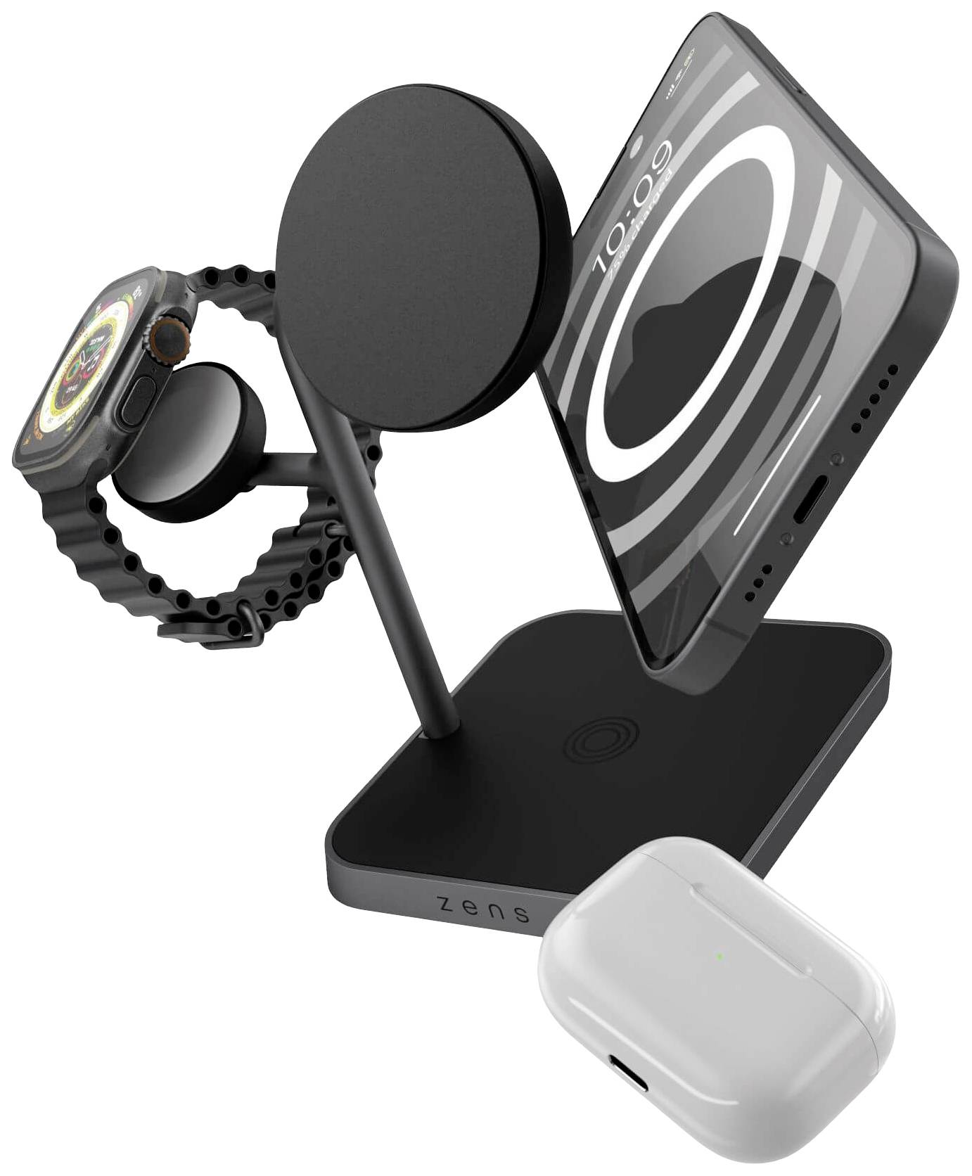 Caricabatterie wireless nero con smartphone e smartwatch montati, accanto a cuffie wireless con LED di ricarica verde.
