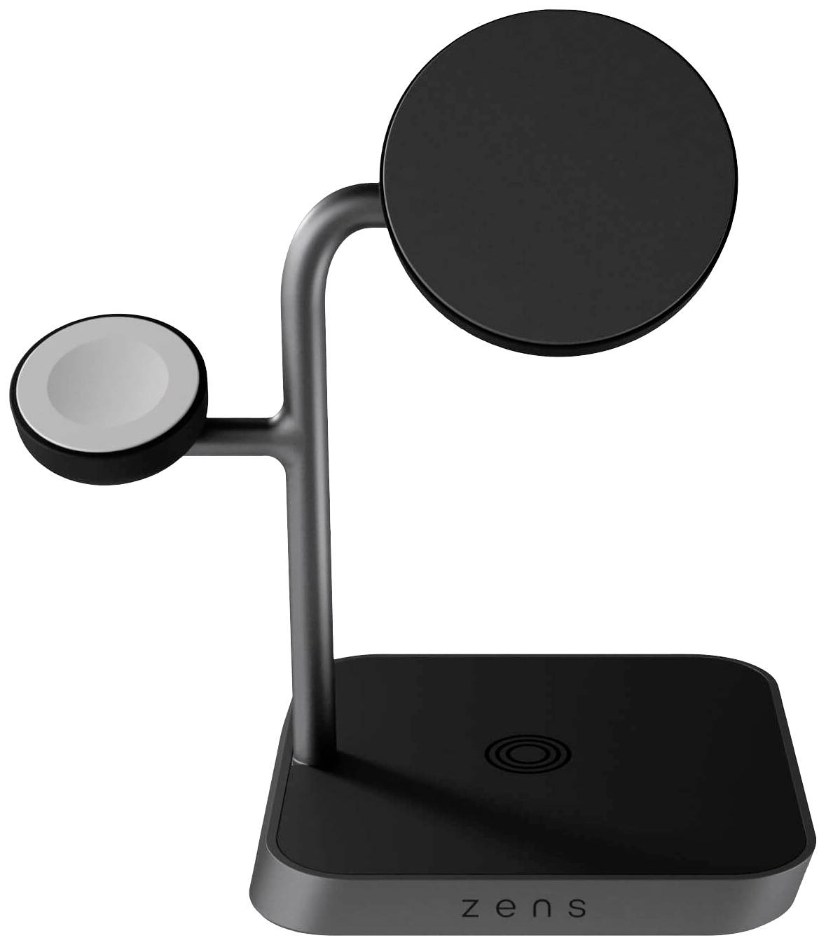 Un caricabatterie nero, minimale e wireless con due superfici di ricarica su un supporto metallico, che mostra il design moderno di 'zens'.
