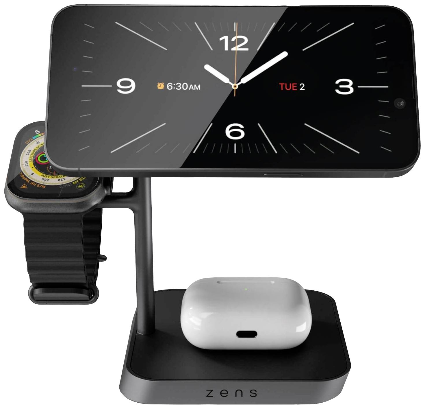 Stazione di ricarica con tre dispositivi: Uno smartphone che mostra le 12:00, un orologio con quadrante colorato e auricolari wireless.
