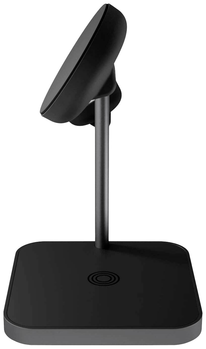 Un supporto per cellulare nero ed elegante con base rotonda e piedistallo verticale, visto di lato. Ideale per posizionare comodamente uno smartphone.