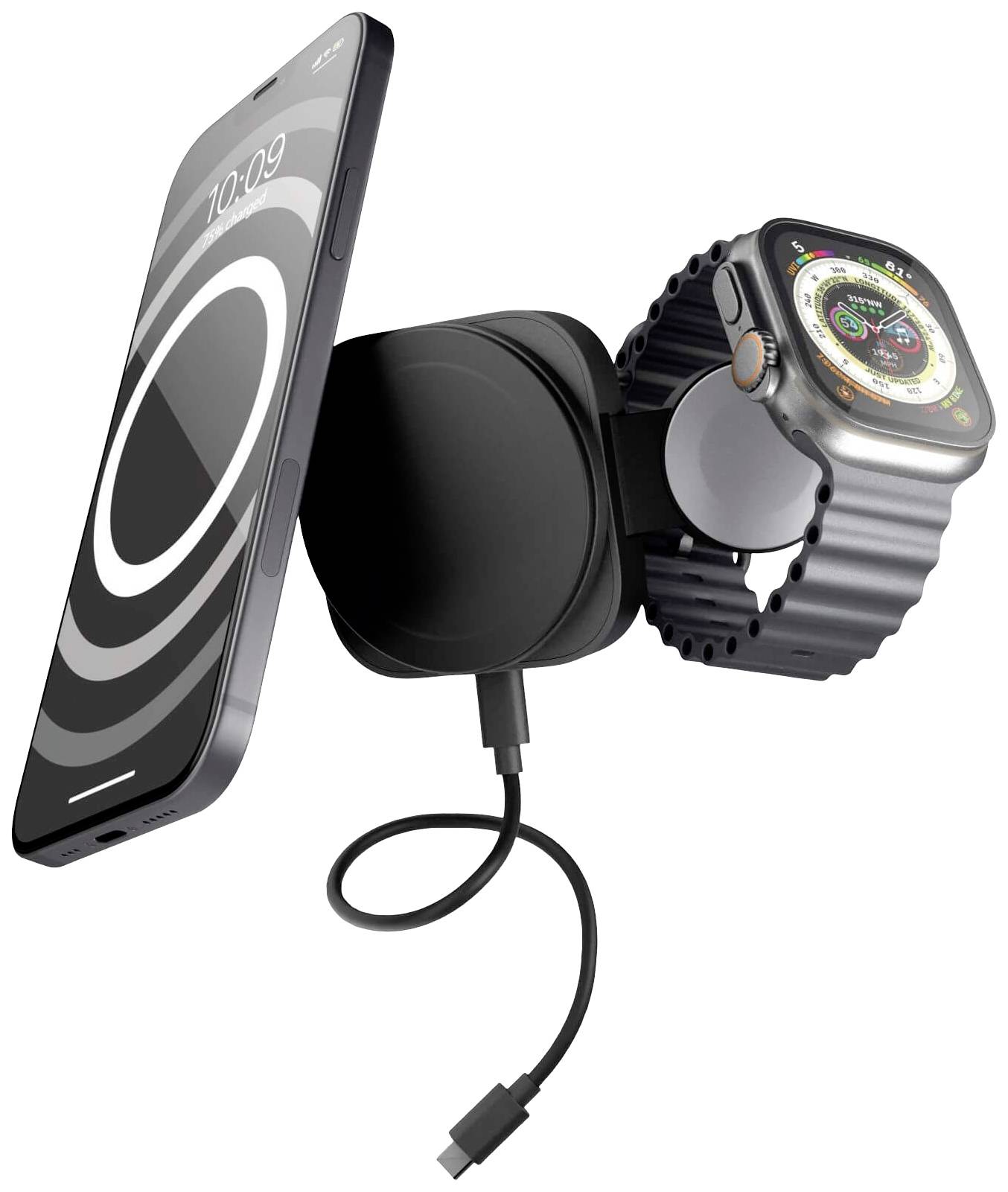 Smartphone e smartwatch vengono caricati contemporaneamente su un caricabatterie wireless, alimentato tramite un cavo USB.