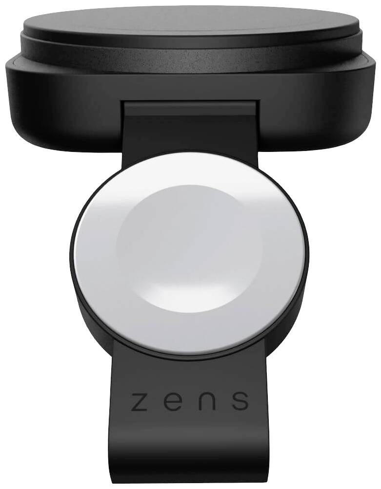 Un supporto nero dal design minimalista con il logo Zens, idoneo per la ricarica wireless degli smartwatch.