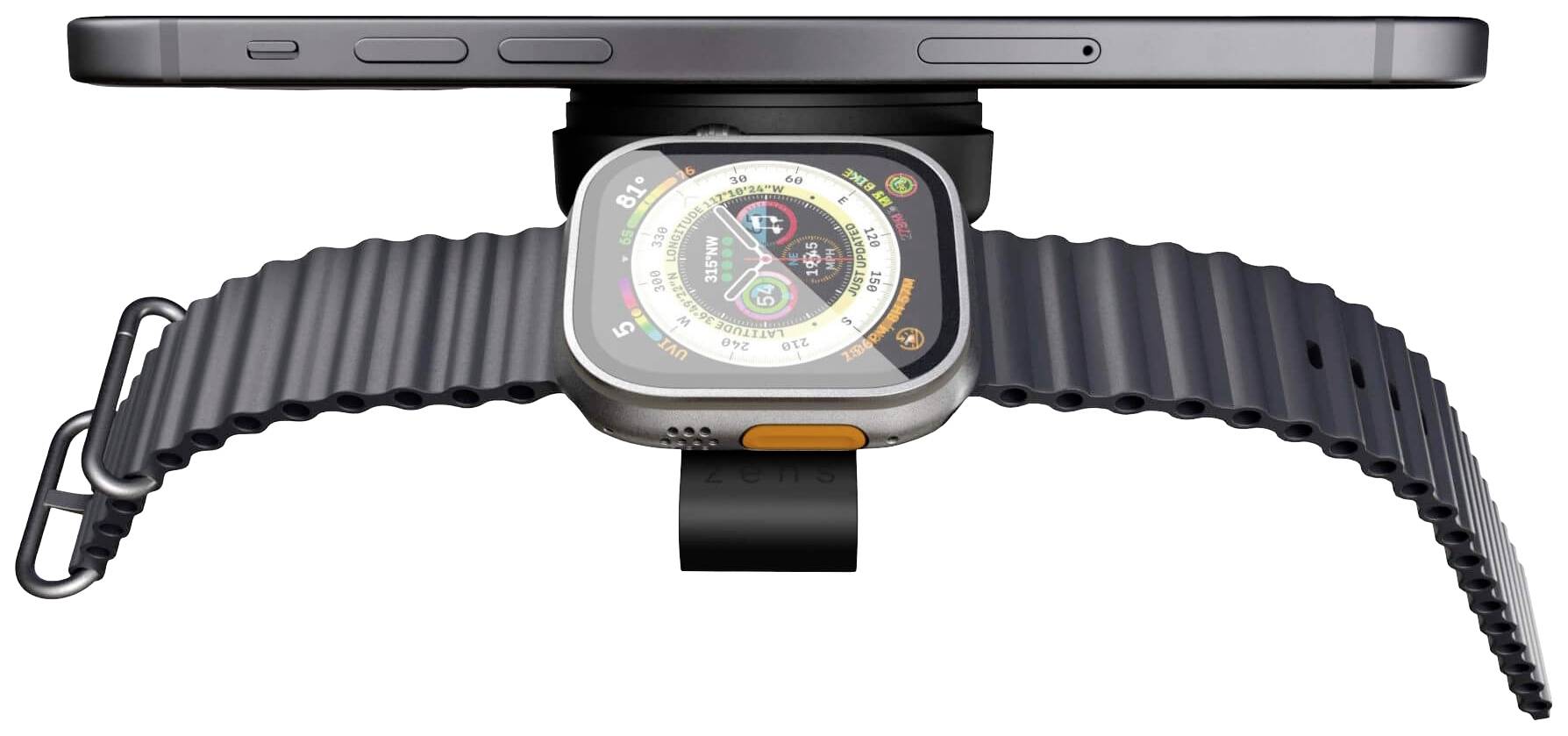 Un cellulare e uno smartwatch vengono caricati contemporaneamente. Lo smartwatch è posizionato sotto il cellulare e mostra un display luminoso.