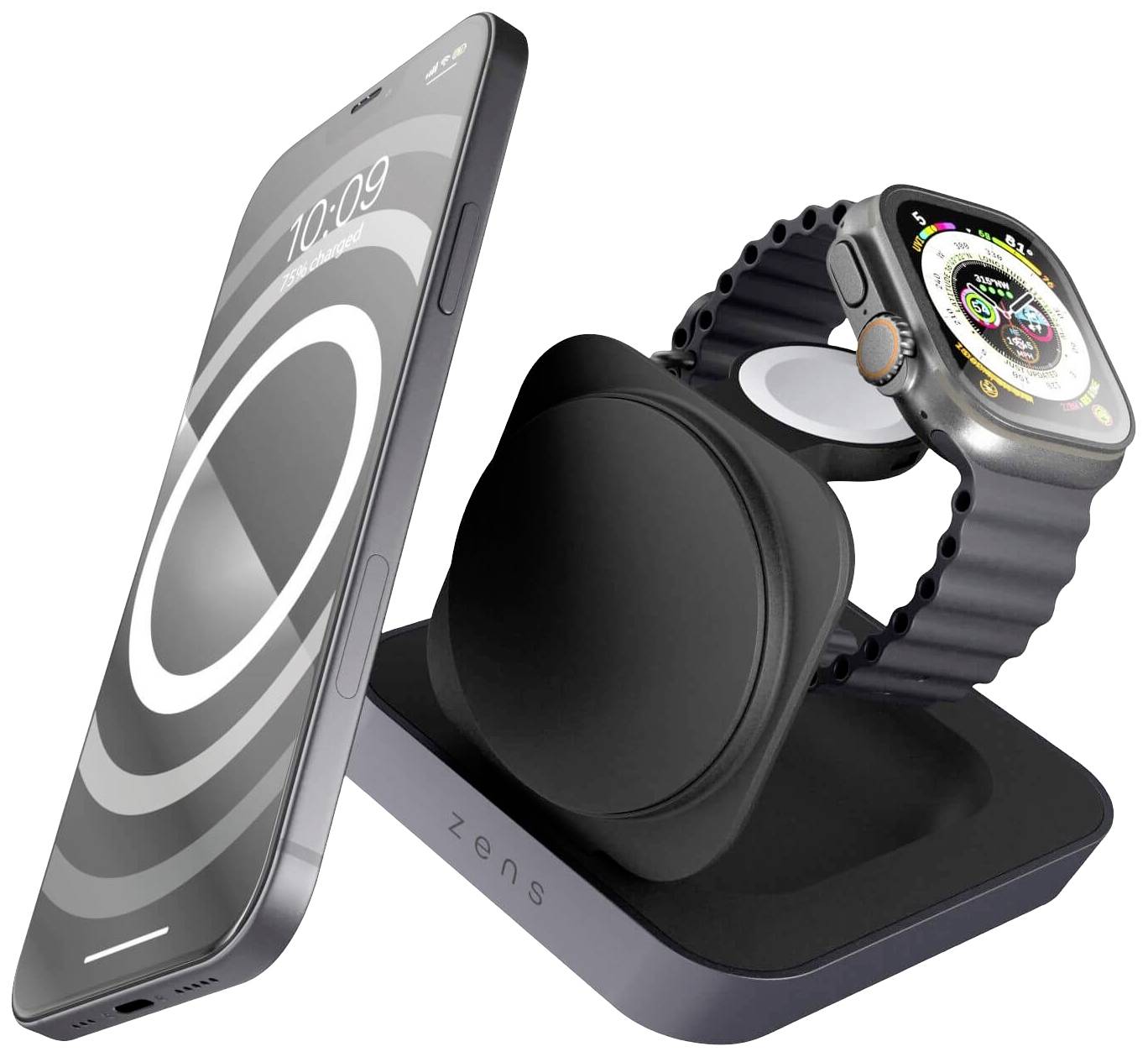 'Un caricabatterie wireless nero sta caricando contemporaneamente uno smartphone e uno smartwatch. Entrambi i dispositivi sono in posizione verticale sulla stazione di ricarica.'