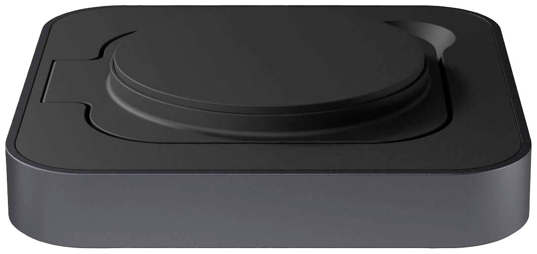 Piastra di induzione nera e rettangolare con un incavo centrale, adatta per la ricarica wireless di dispositivi elettronici.