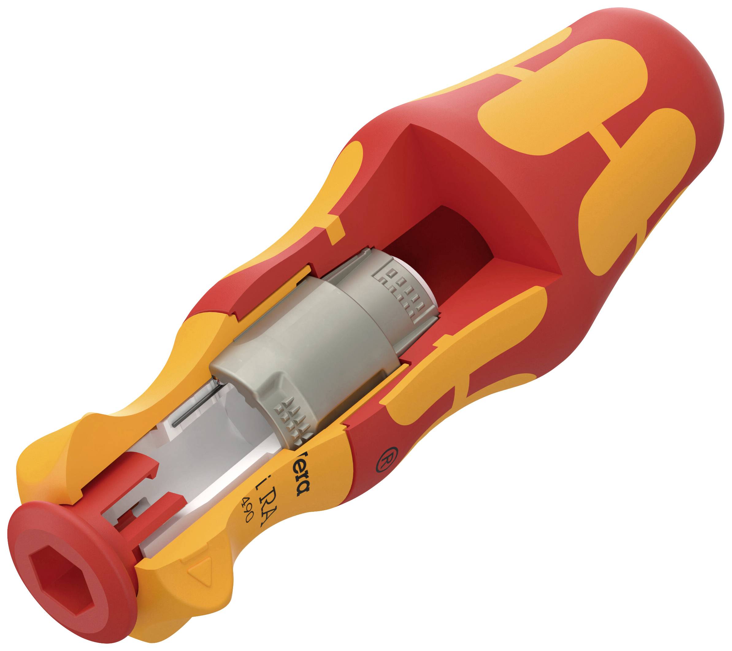 Taglio di un cacciavite isolato che mostra strati colorati e lama isolata.