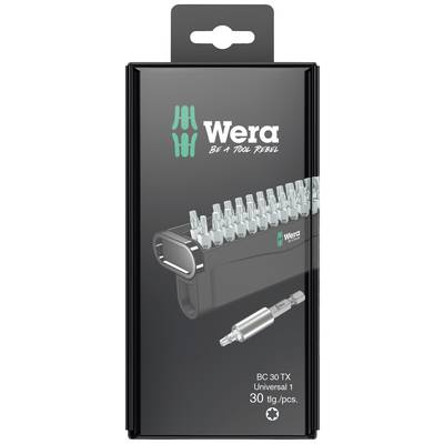 Confezione di un set di bit Wera da 30 pezzi, con logo del marchio e lo slogan 'Be A Tool Rebel', che mostra bit e un adattatore.