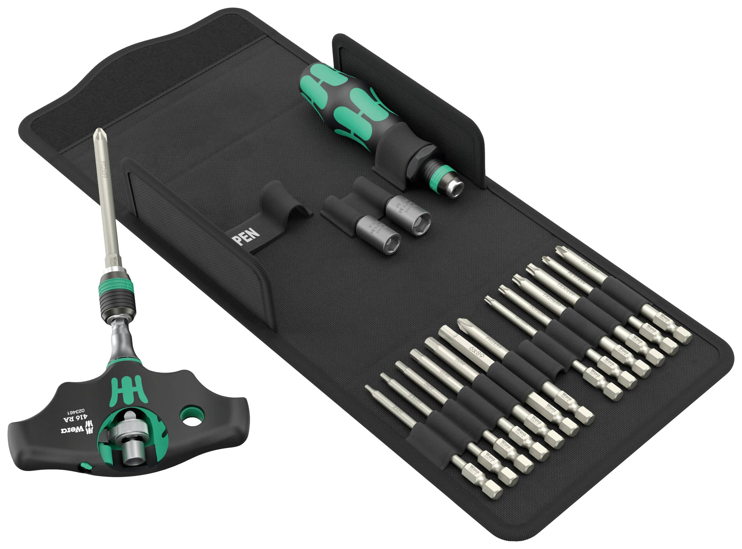 Set di utensili con chiave doppia, chiavi esagonali, bussole e bit. Utilizzato per allentare e serrare viti.