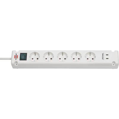 Ciabatta bianca con quattro prese di tipo europeo, un interruttore rosso di accensione/spegnimento e due porte di ricarica USB sulla destra.