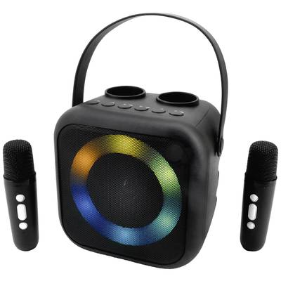 Altoparlante portatile con anello luminoso LED colorato. Due microfoni neri accanto. Ideale per l'utilizzo musicale mobile e per karaoke.