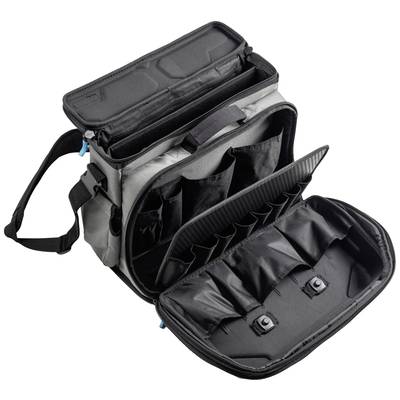 Borsa fotografica nera e grigia aperta con diversi scomparti e divisori interni, pronta per riporre l'attrezzatura fotografica.