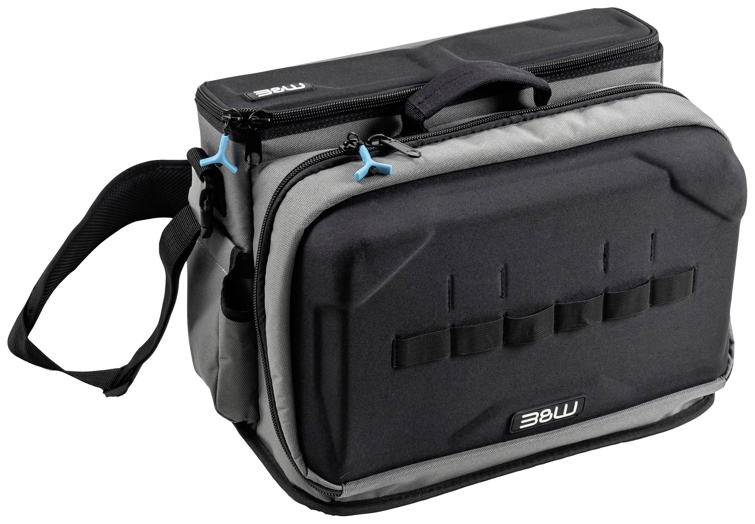 Borsa per fotocamera nera e grigia con manico e tracolla, tasche con cerniera e passanti per fissaggio.