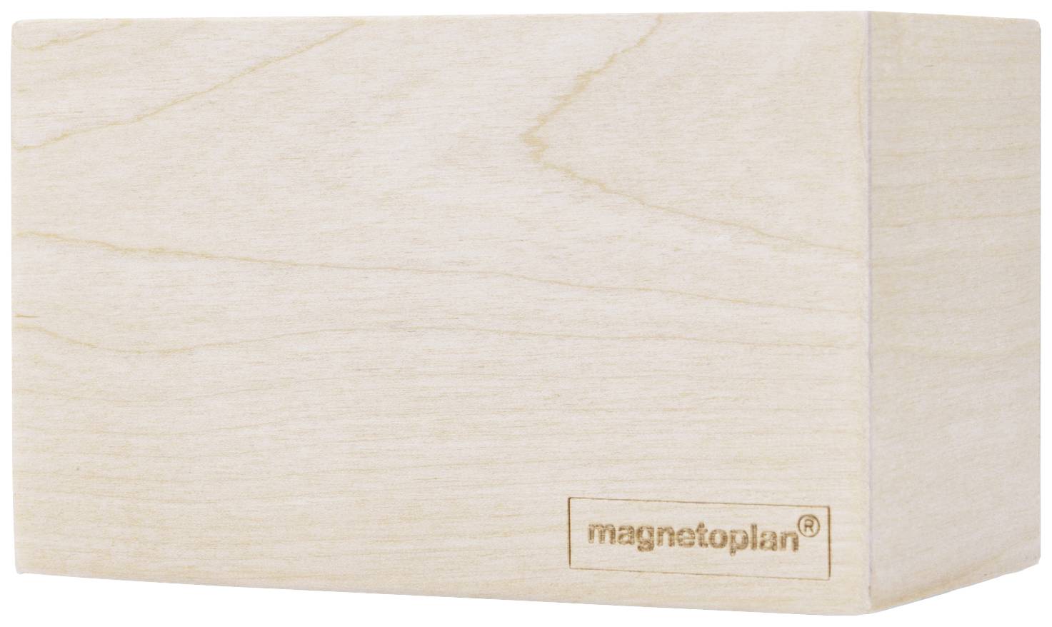 Un blocco rettangolare di legno chiaro con la scritta 'magnetoplan' su un lato.