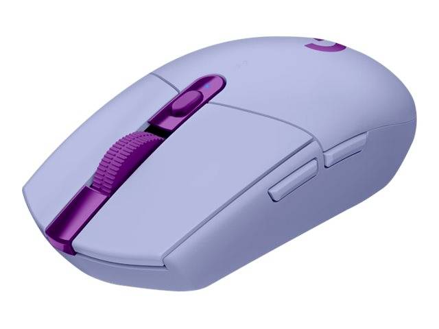 Mouse wireless per computer in azzurro chiaro con accenti viola, due tasti laterali e una rotella di scorrimento. Adatta per gaming e lavori d'ufficio.
