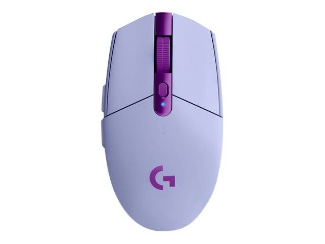 Mouse wireless ergonomica con accento viola e logo luminoso; design moderno per un lavoro confortevole.