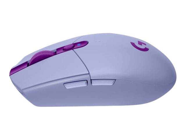 Mouse wireless color lilla chiaro con dettagli rosa, vista laterale.