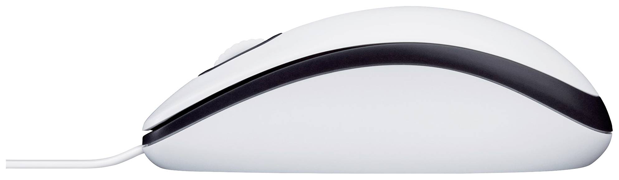 Mouse bianca per computer con una striscia nera, vista laterale.