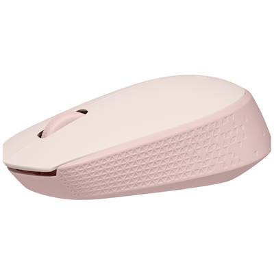 Un mouse rosa con un motivo geometrico sul lato, adagiato su una superficie liscia.