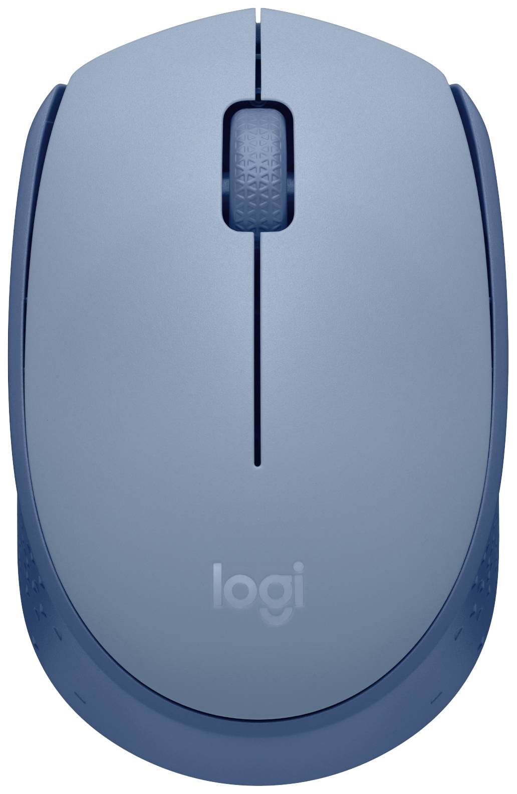 Mouse blu wireless vista dall'alto. Ha una rotellina di scorrimento e il logo di un noto produttore di accessori stampato sopra.