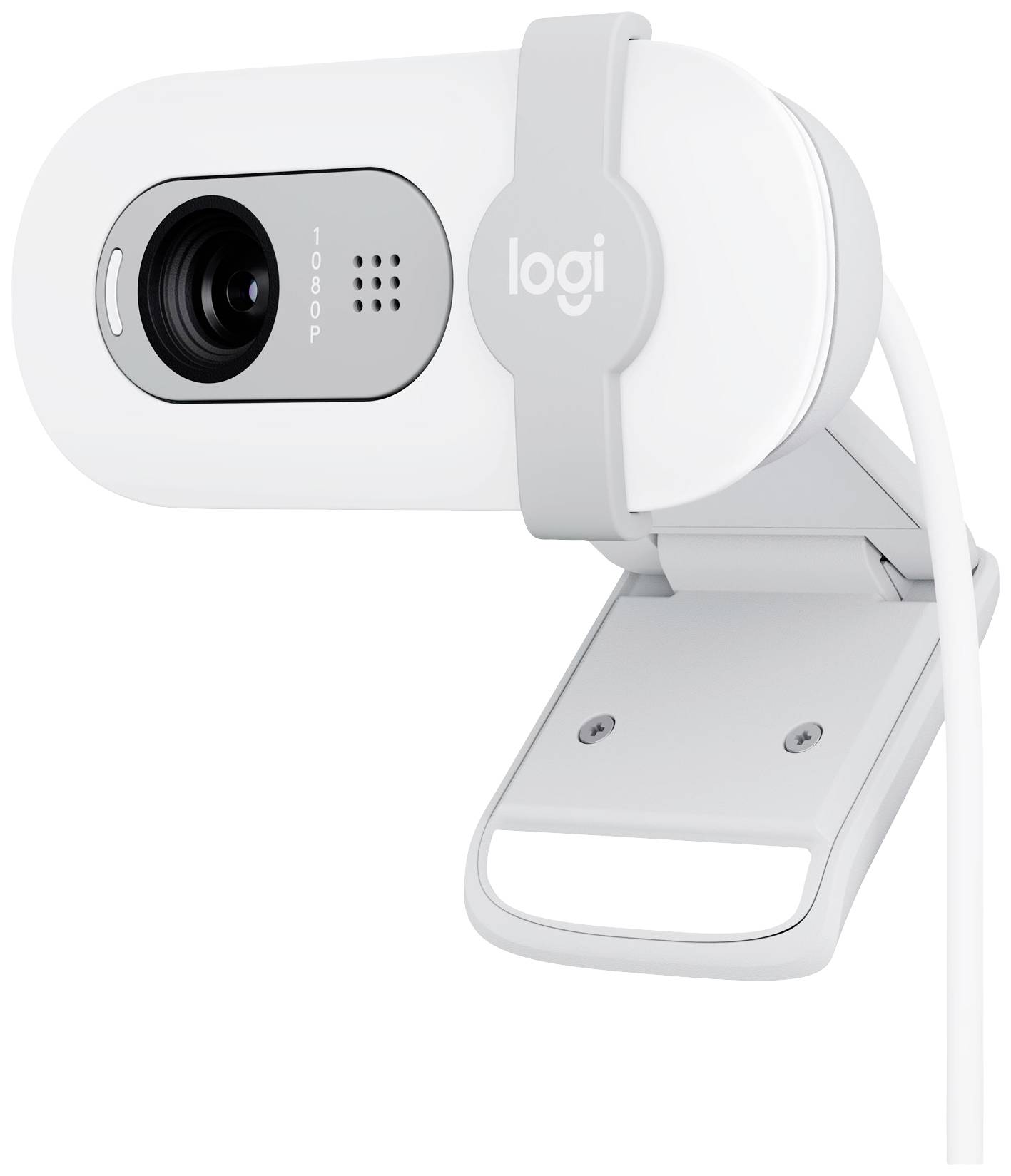 Webcam bianca con dettagli grigi, fissata a un supporto regolabile a clip, con scritta '1080P' sul davanti, del marchio 'Logi'.