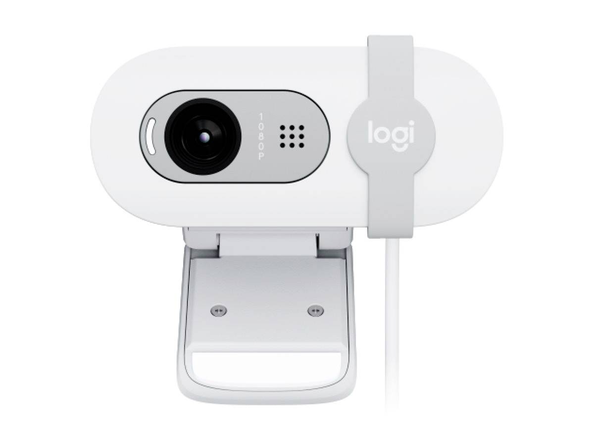 Webcam bianca con obiettivo nero e microfono integrato, ripresa frontalmente. Il nome del marchio 'logi' è visibile a destra.