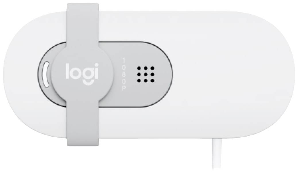 Webcam HD bianca con microfono nero, del marchio con la scritta 'logi' e con copertura protettiva. Sviluppata per videochiamate.