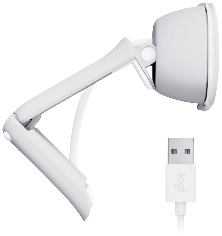 Una webcam grigia con un supporto regolabile e flessibile accanto a una porta USB.