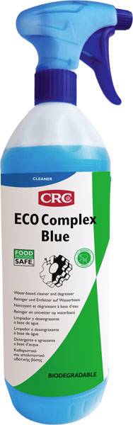 Grande bottiglia di plastica blu con etichetta verde. Scritta: 'CRC ECO Complex Blue'. Contrassegnata per l'uso ecologico.
