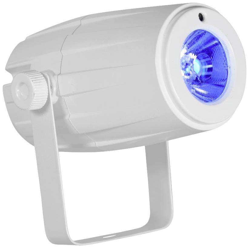 Un proiettore LED bianco con luce blu, montato su un supporto regolabile.