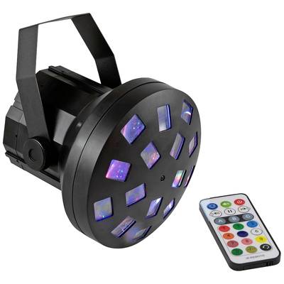 Dispositivo per effetti luminosi con più luci LED a colori e relativo telecomando per controllare gli effetti e i colori.