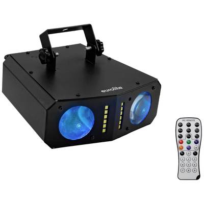 Un dispositivo di illuminazione scenica nero con lenti blu davanti e un telecomando accanto, adatto per effetti di luce per eventi.