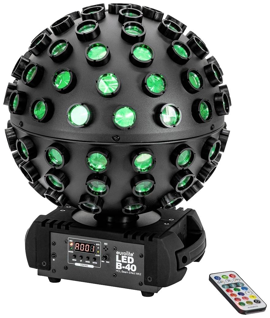 Una sfera LED nera e rotonda con luci verdi su un piedistallo. Accanto a destra è posizionato un telecomando.