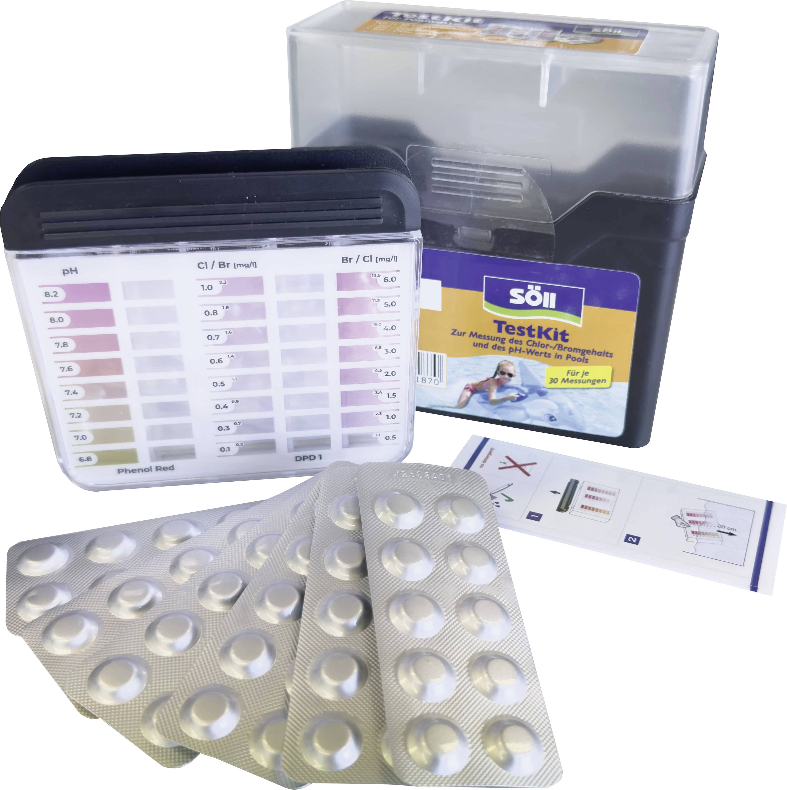 Un kit di test con carte colorate per il monitoraggio dei parametri della qualità dell'acqua, mostrato accanto a una confezione di pillole e a un foglio illustrativo.