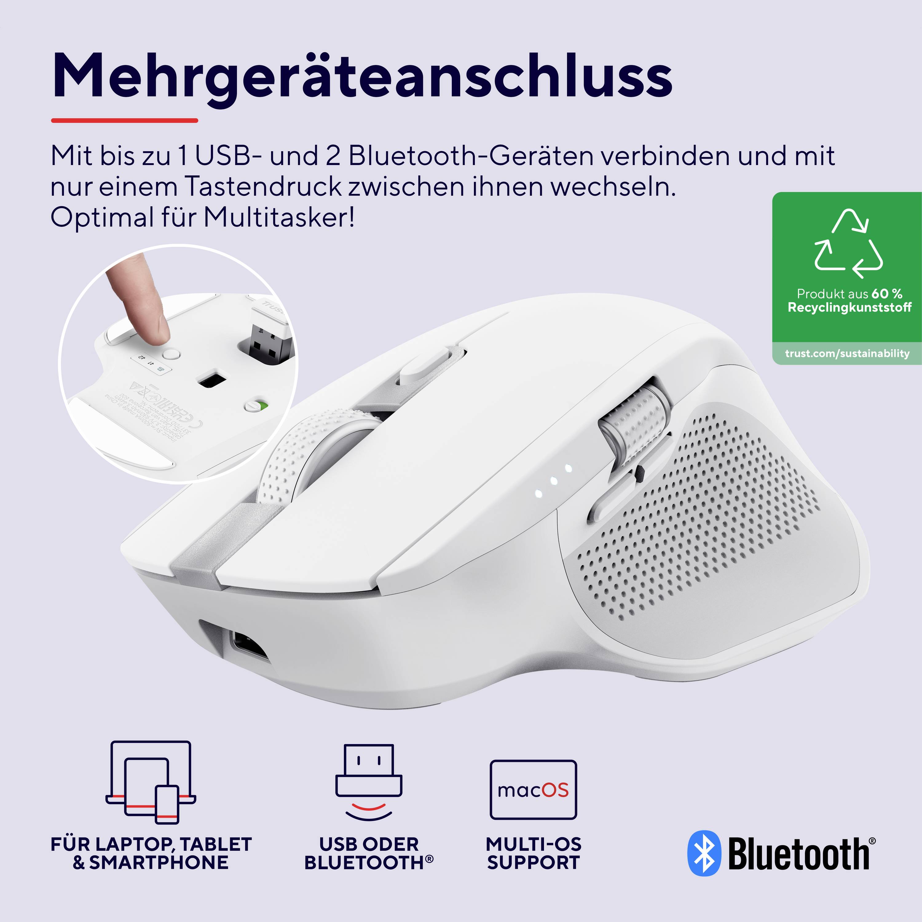 L'immagine mostra un mouse bianco wireless con diversi tasti di controllo. Supporta la connessione fino a due dispositivi Bluetooth. Ideale per il multitasking.