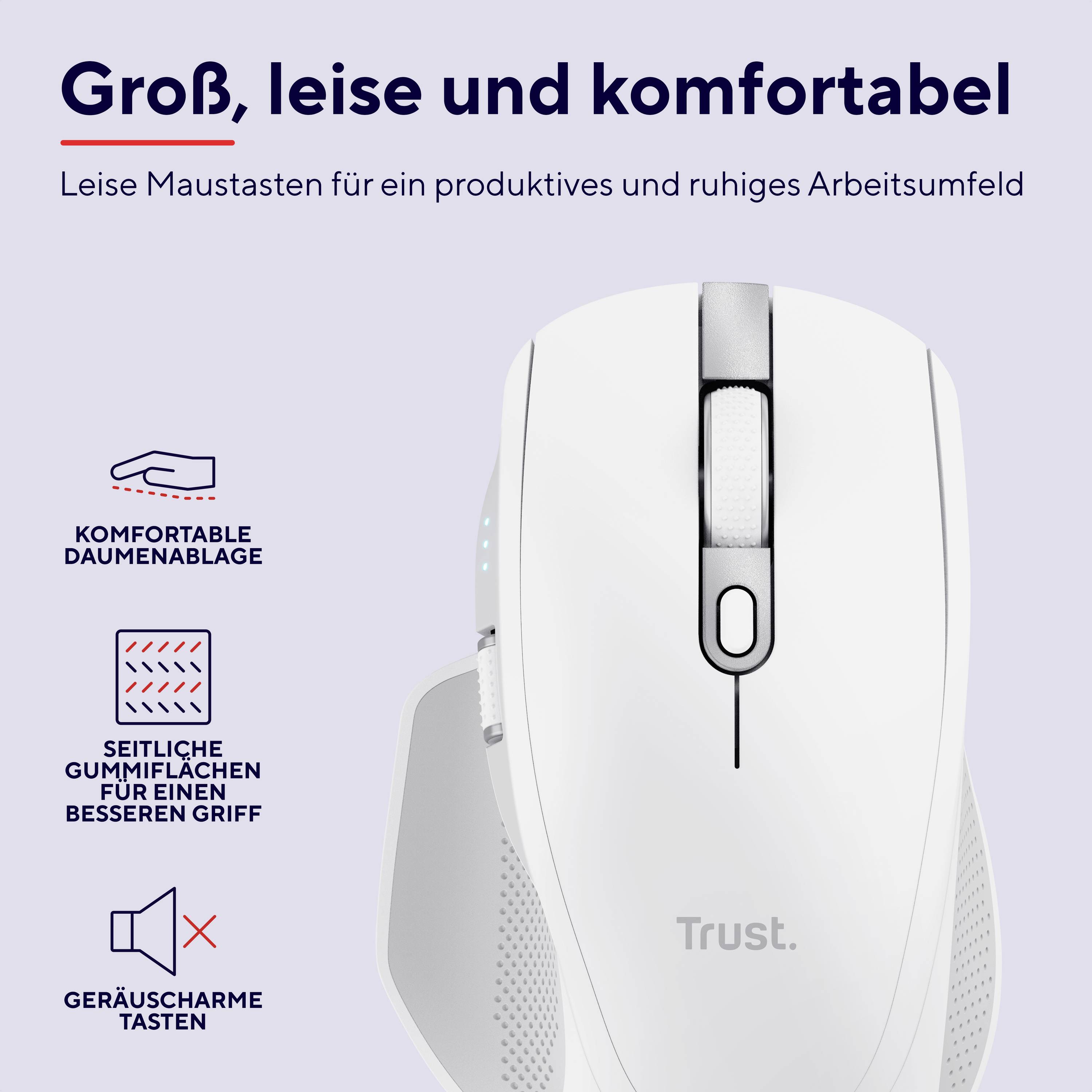 Un mouse bianco dal design ergonomico, con un comodo poggiapolso per il pollice e tasti silenziosi per un lavoro tranquillo.