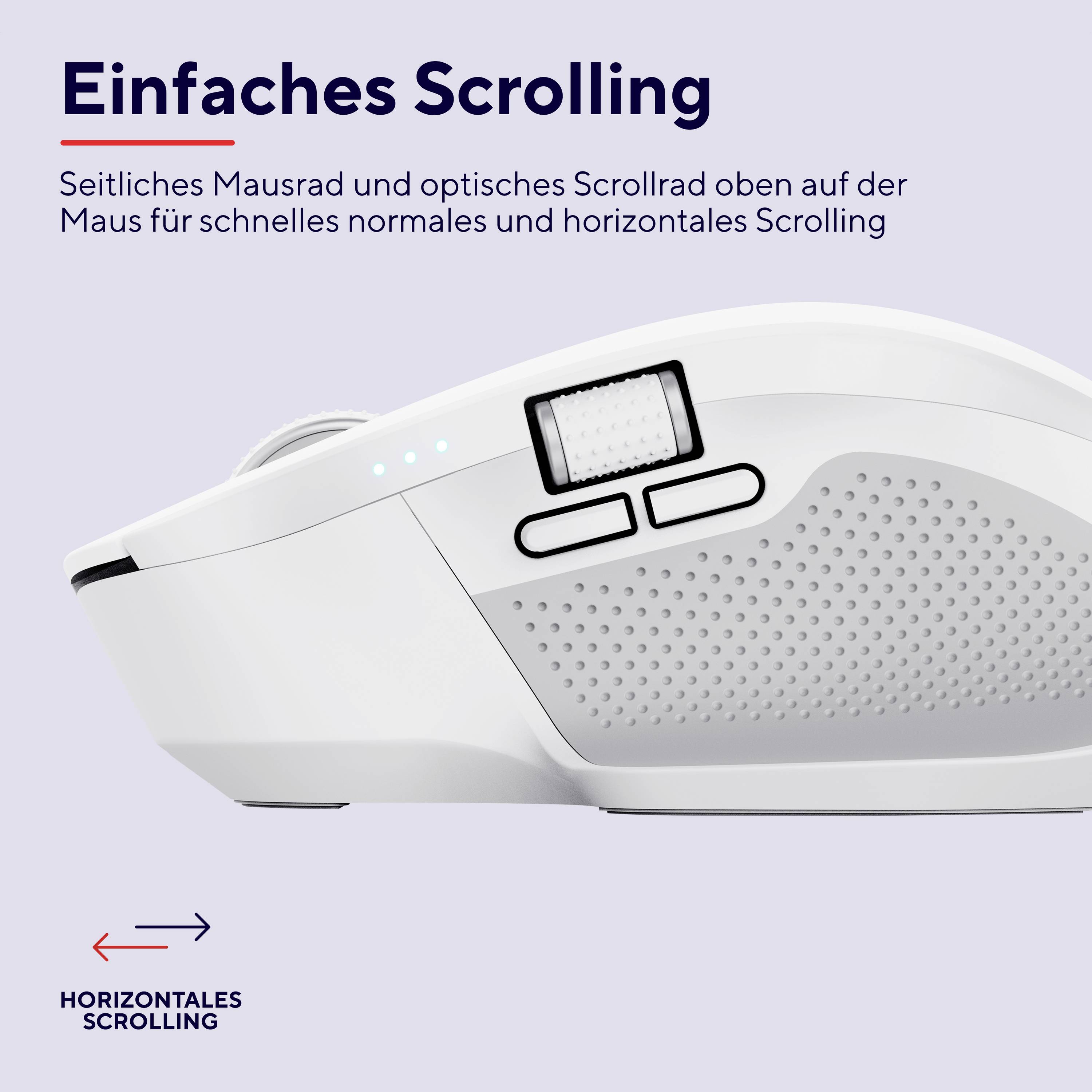 'Scorrimento Semplice' mostra un mouse bianco con una rotellina di scorrimento e tasti per lo scorrimento orizzontale rapido, enfatizzati da una freccia.