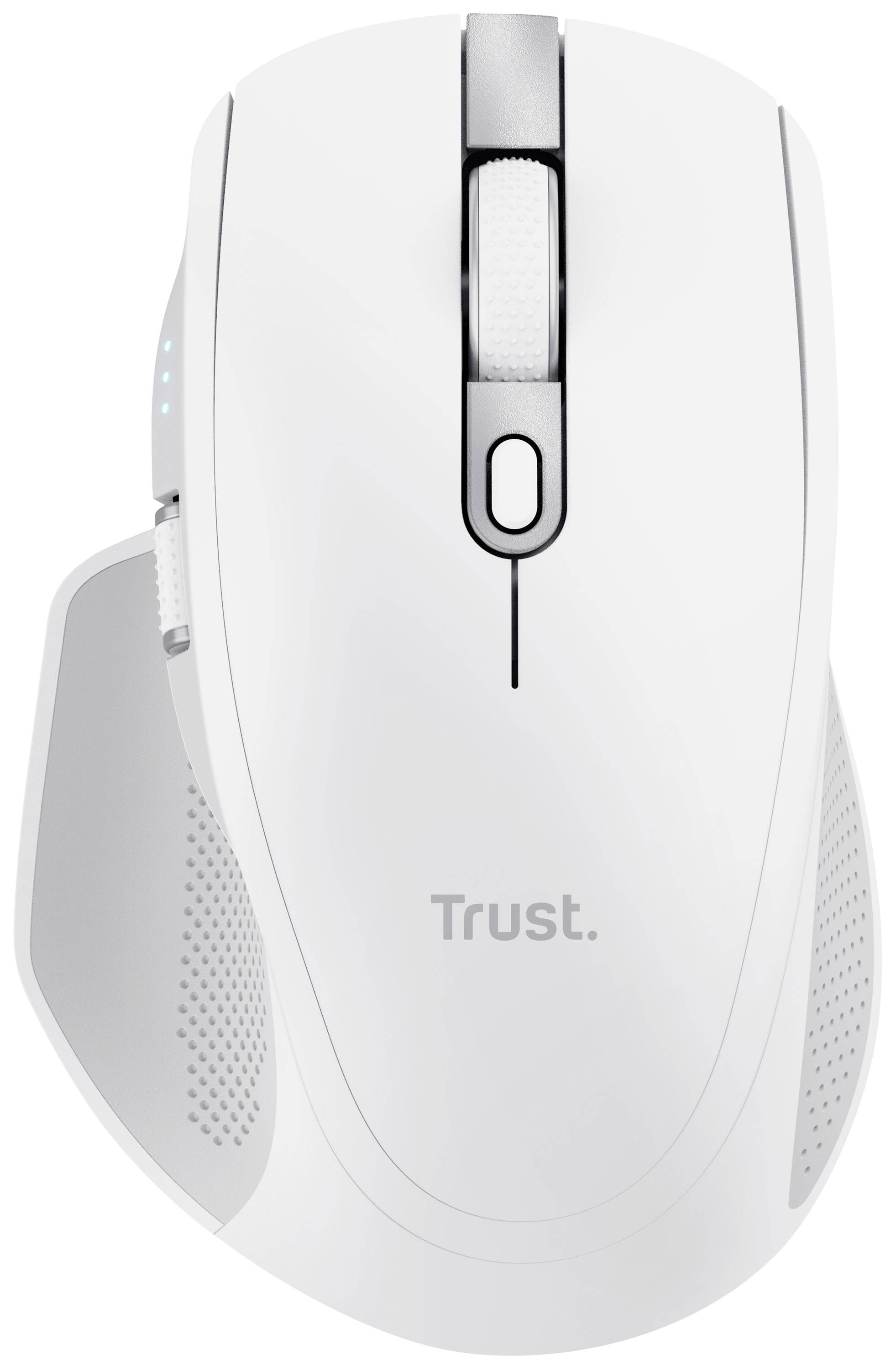 Mouse bianca per computer con design ergonomico e rotella di scorrimento. Marchio 'Trust' visibile.