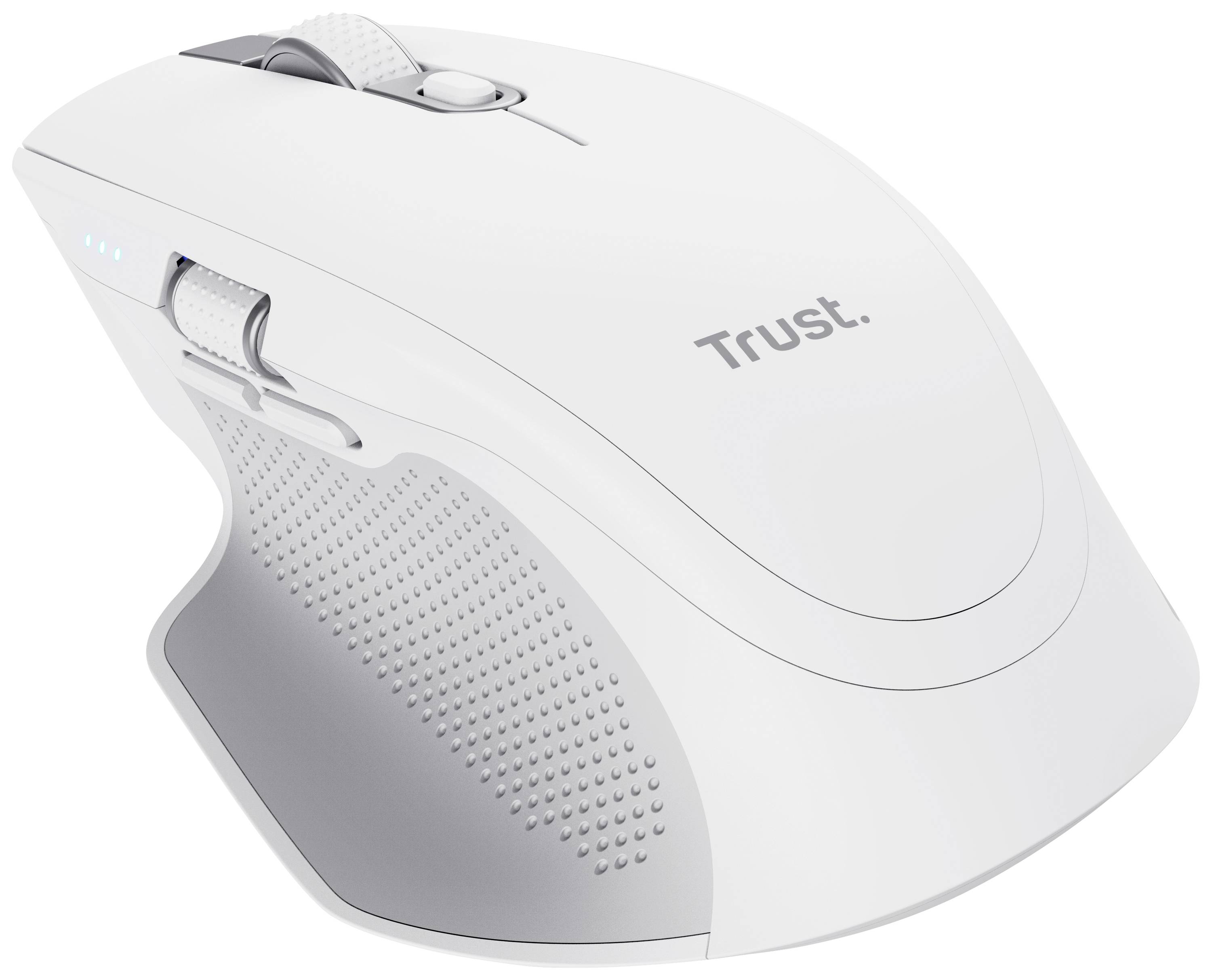 Mouse bianca ergonomica con supporto laterale per il pollice e rotellina di scorrimento. Scritta 'Trust' sulla superficie.