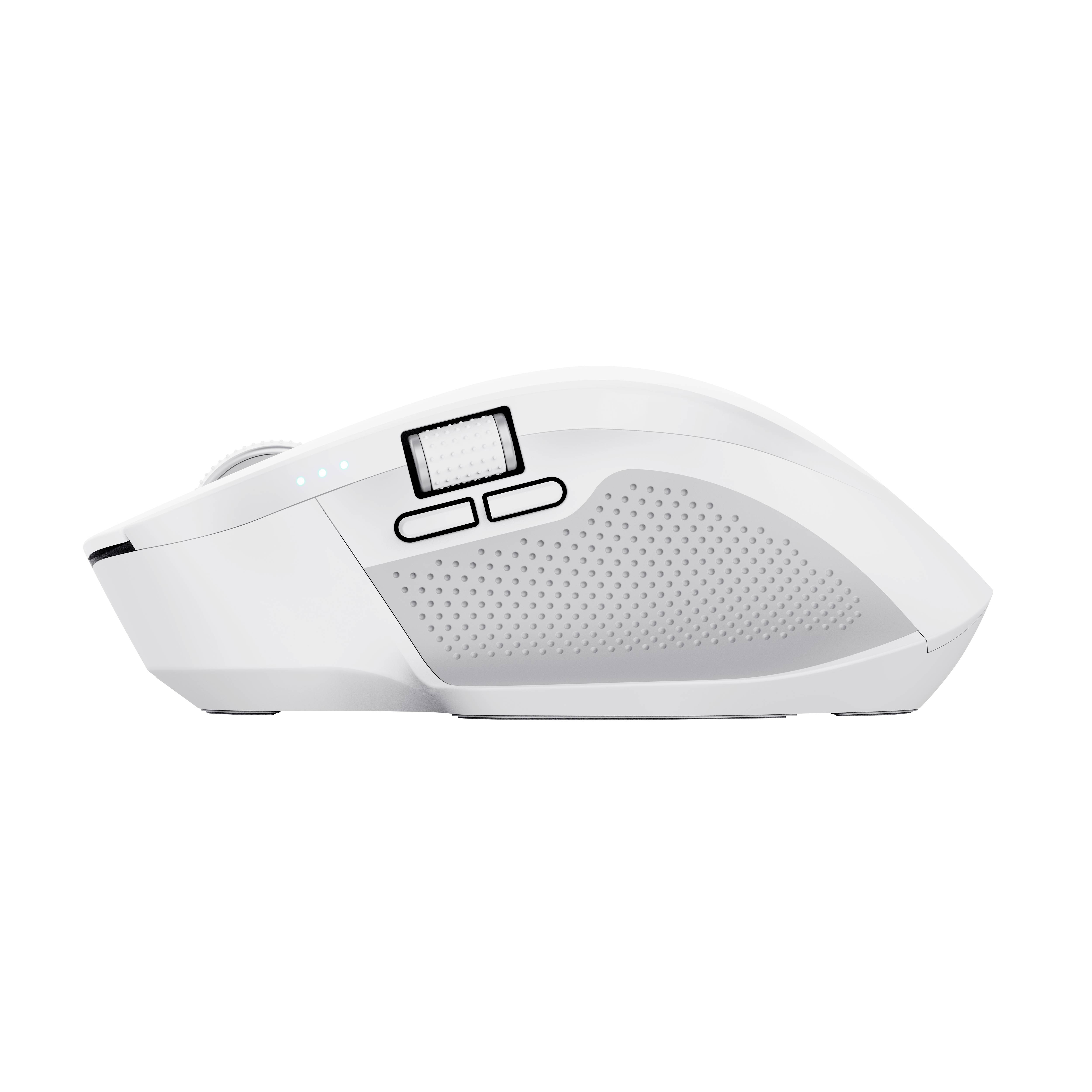 Mouse bianca wireless con design ergonomico, tasti laterali e rotella di scorrimento. Adatta per una navigazione precisa.