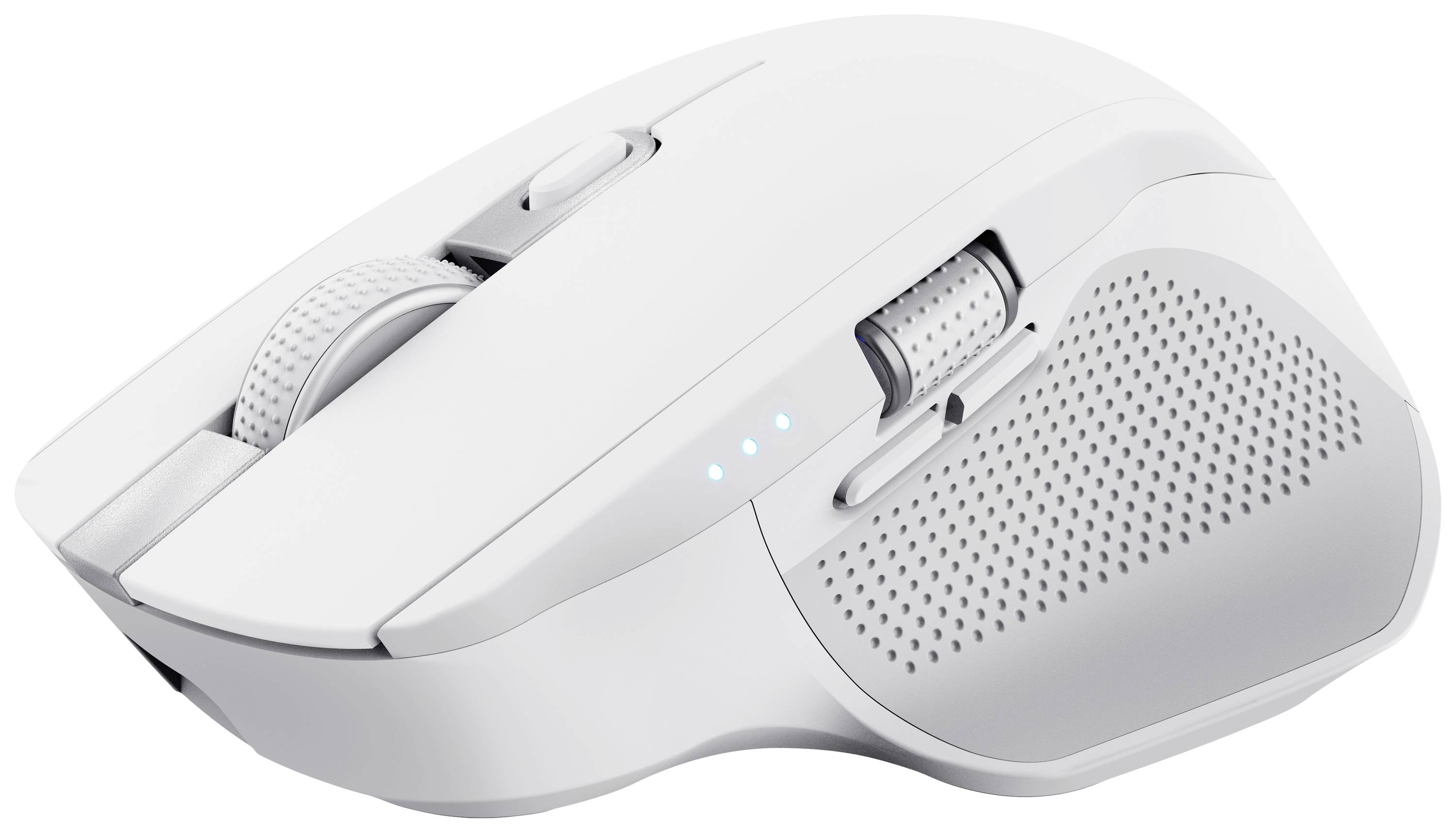 Mouse wireless ergonomica in bianco con zona impugnatura strutturata, più tasti e rotella di scorrimento.