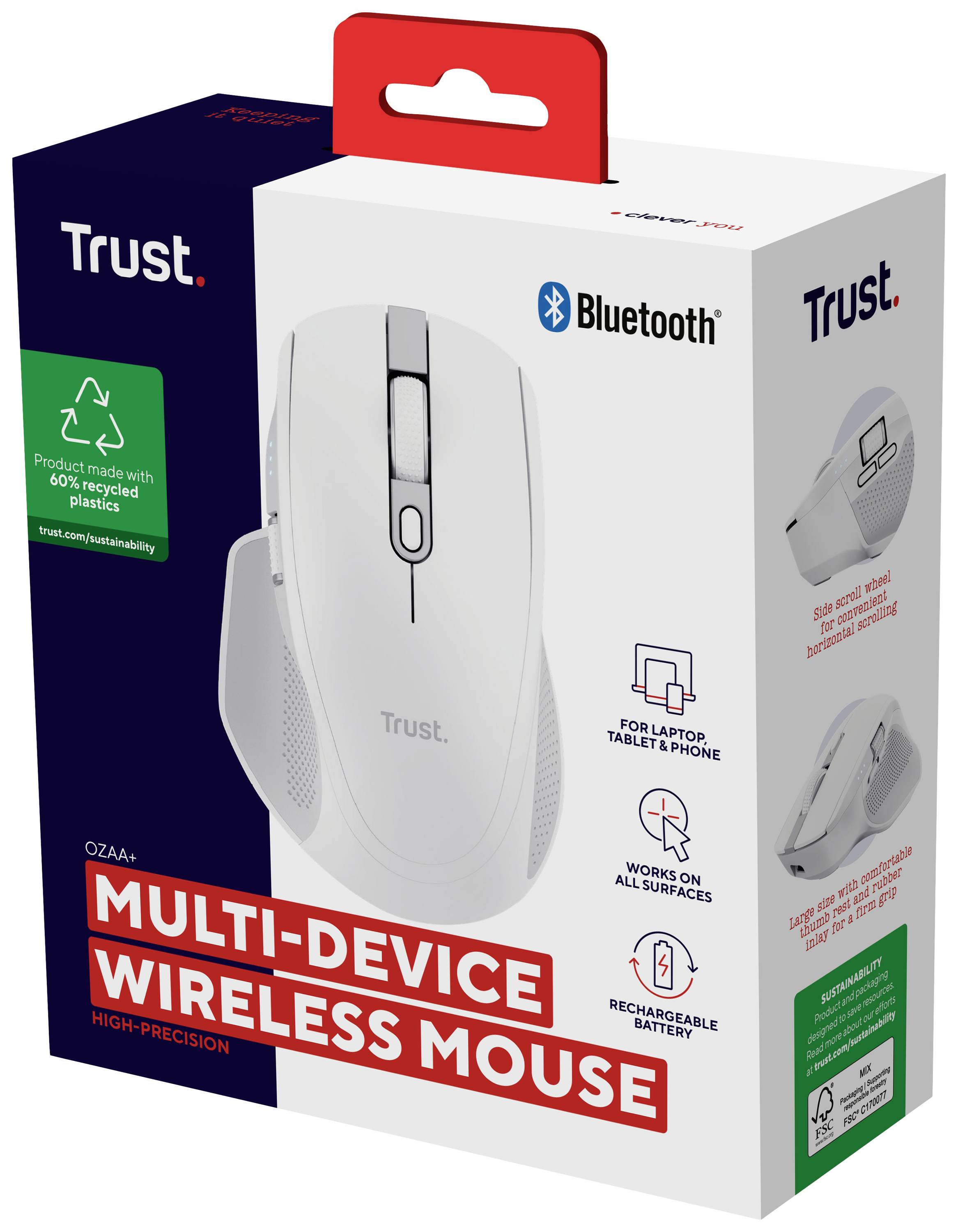 Confezione di un mouse Bluetooth Trust, in evidenza: 'Mouse wireless multi-dispositivo', compatibile con laptop, tablet e smartphone, realizzato con il 60% di plastica riciclata, batteria ricaricabile.