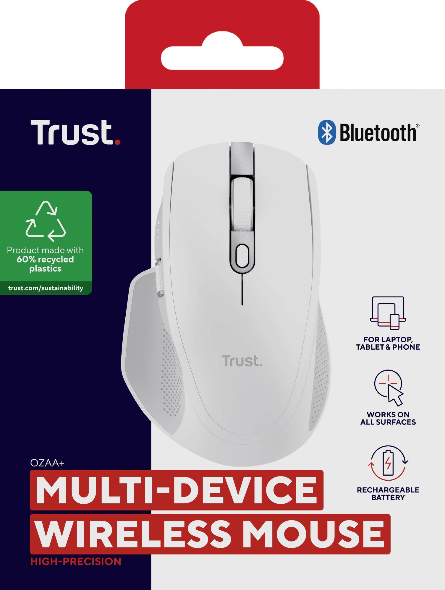 Mouse wireless multi-dispositivo 'Trust', bianca, con Bluetooth per laptop e tablet. Realizzata con il 60% di plastica riciclata.