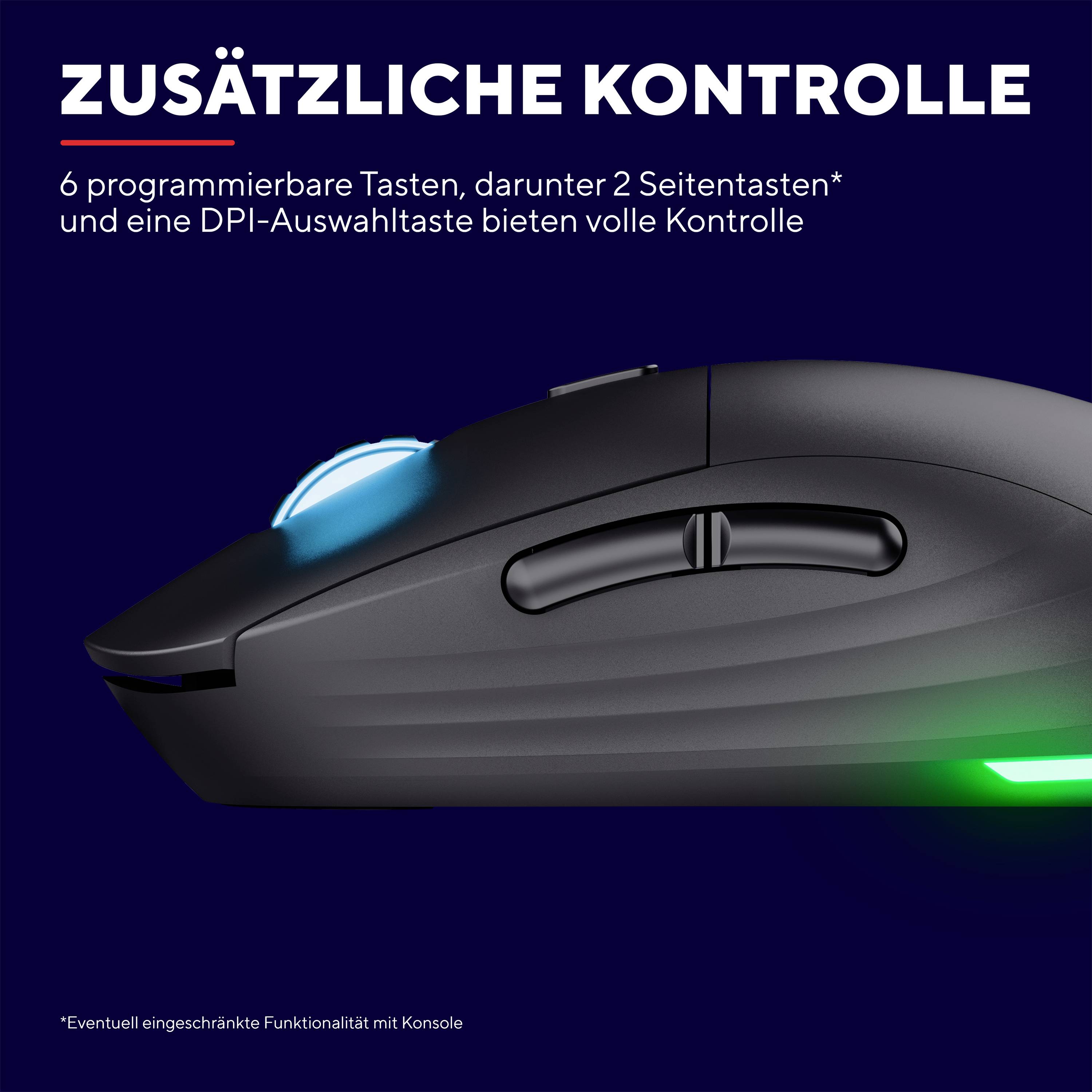 L'immagine mostra un mouse da gaming con sei tasti programmabili, due tasti laterali e un tasto di selezione DPI.