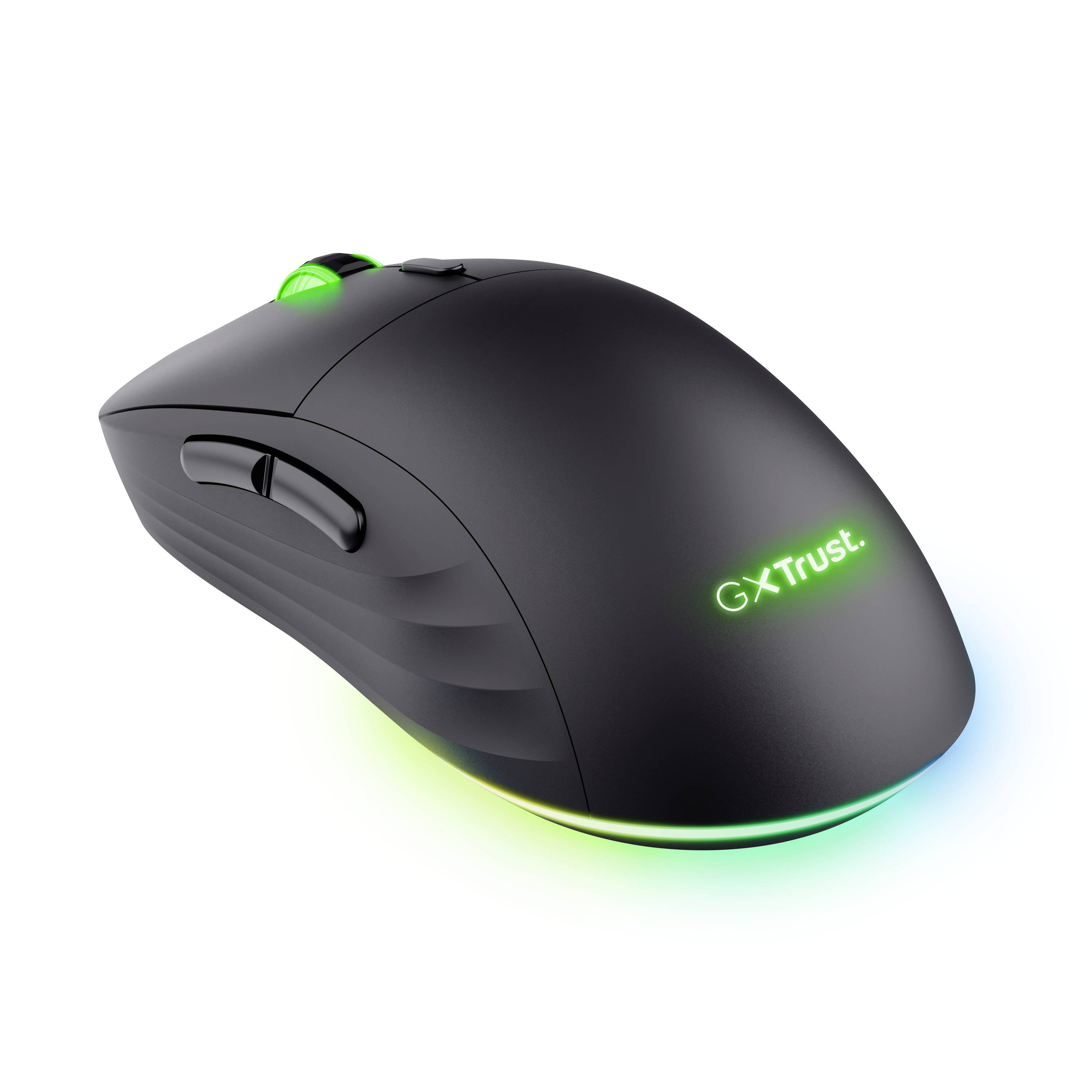 Mouse da gaming nera con illuminazione verde e logo 'GXT Trust', caratterizzata da tasti programmabili e design ergonomico.