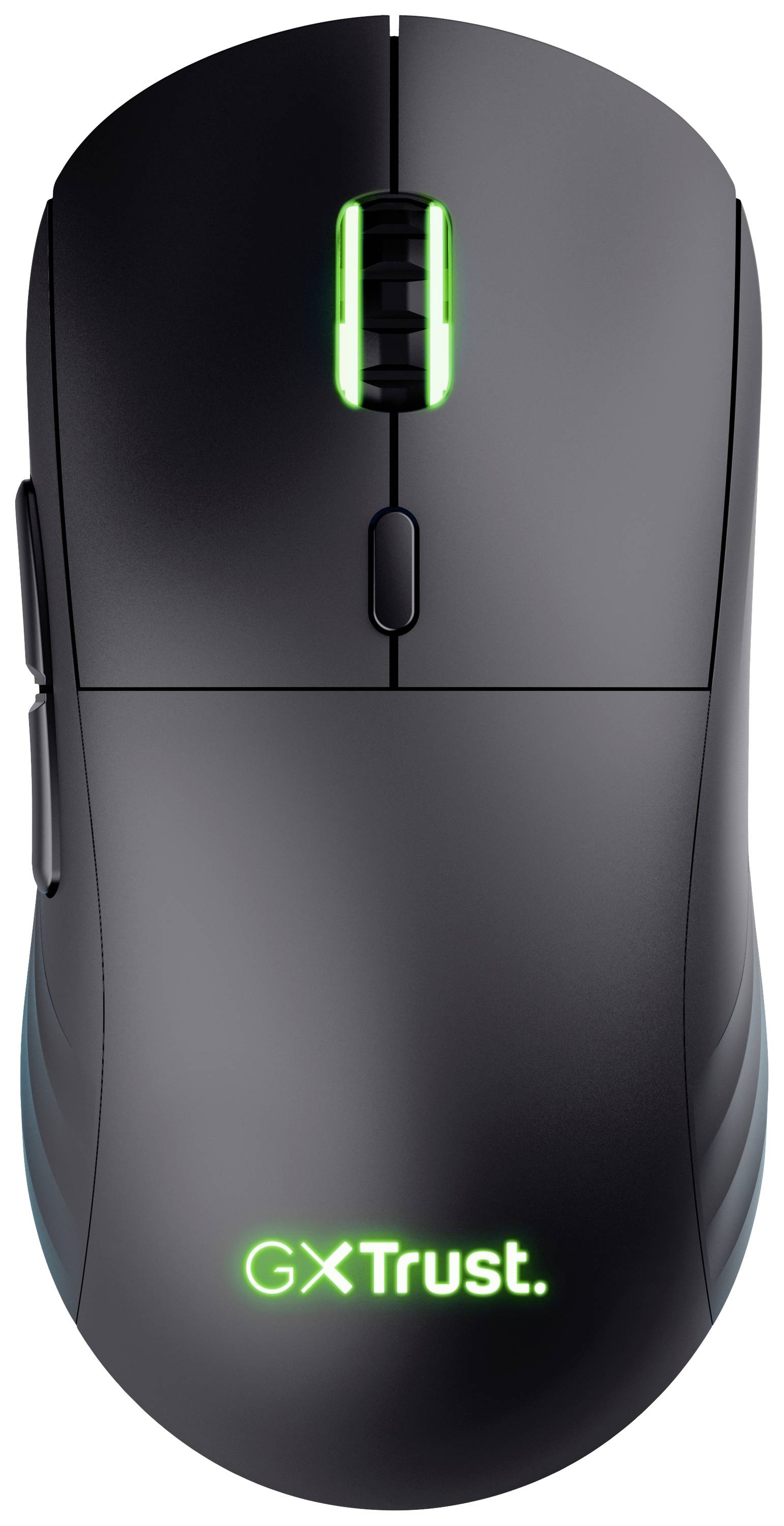 Mouse nera con rotella di scorrimento verde illuminata e logo 'GX Trust'. Design con tasti laterali per funzionalità avanzate.