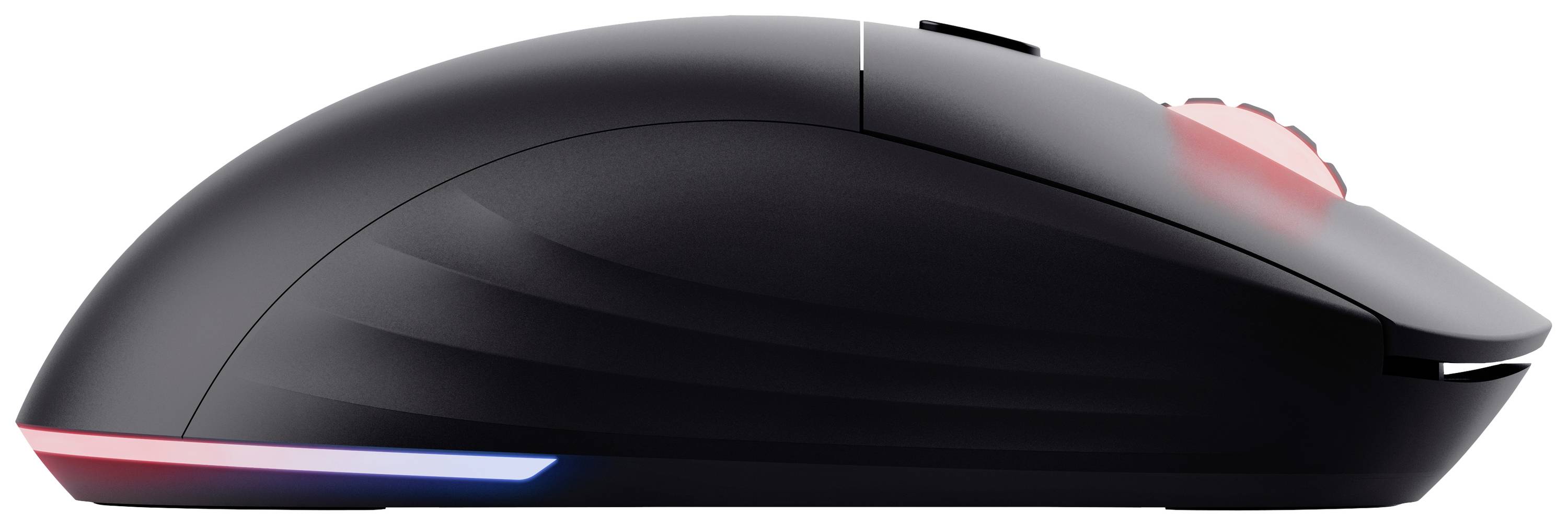 Mouse da gaming wireless con design ergonomico, scanalature laterali ed elementi RGB illuminati.